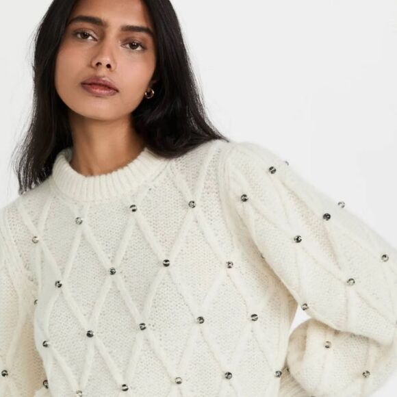 NWT 478.00- ELEVEN SIX ZARIA SWEATER IVORY W/BEADS XS/S OVERSIZED CROP HAND KNIT - Picture 1 of 13